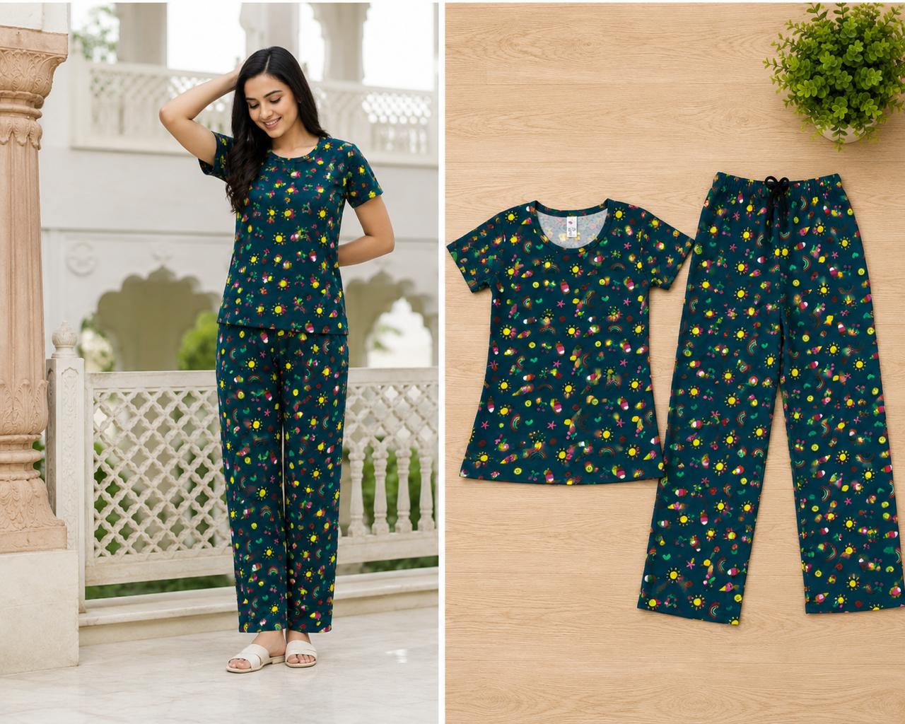 Cherry Bird Women's Pyjama Set - Teal Sunshine Print