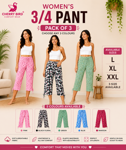 Cherry Bird Women's Printed 3/4 Pant - Pack of 3