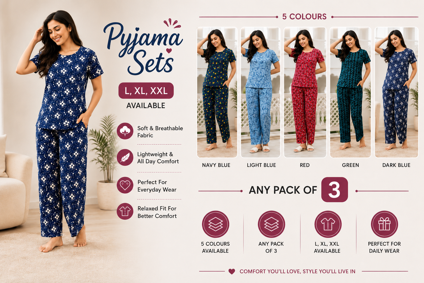 Cherry Bird Women's Pyjama Set - Pack of 3