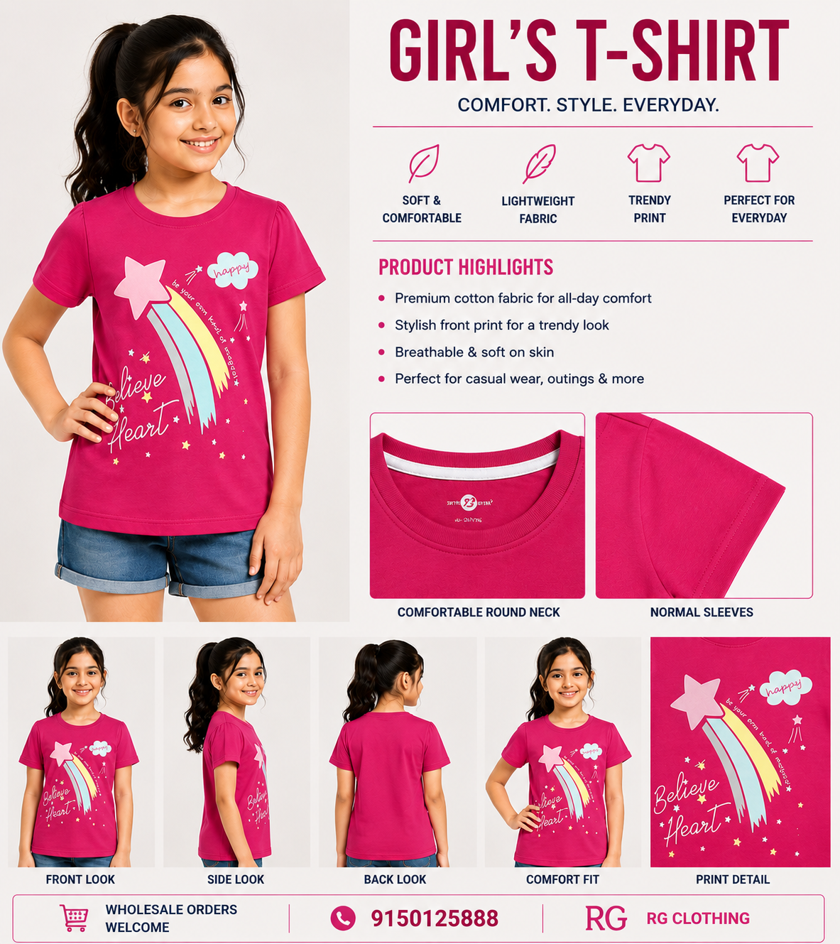 Girls T-Shirt - Believe Heart Print